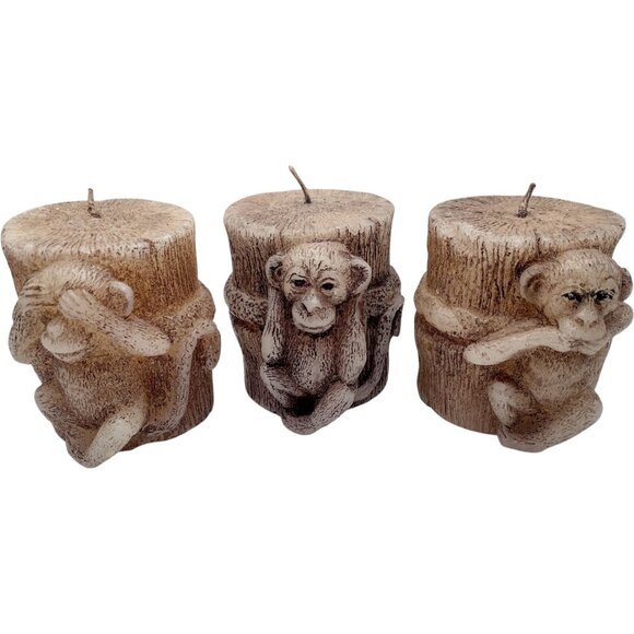 Vintage Ornate Hand Sculpted Monkey Candles Decor Set Hear See Speak No Evil 3" - Picture 1 of 7